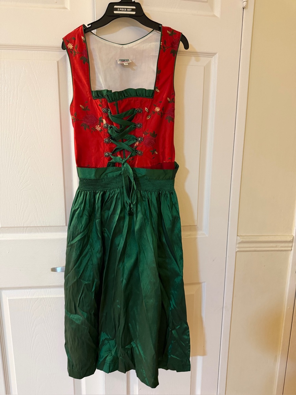 Vintage Country Line Bavarian Dirndl Dress With Blouse - Size 38 - Red & Green